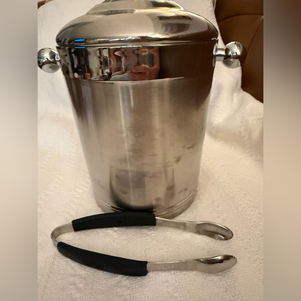 COPCO Vtg Mid Century Modern Stainless Ice Bucket Bar Shiny Chrome Lid Tongs - Picture 9 of 10